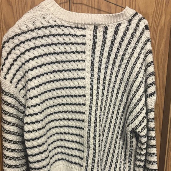 Womens Cream and Black Striped Crewneck Sweater - Picture 3 of 3